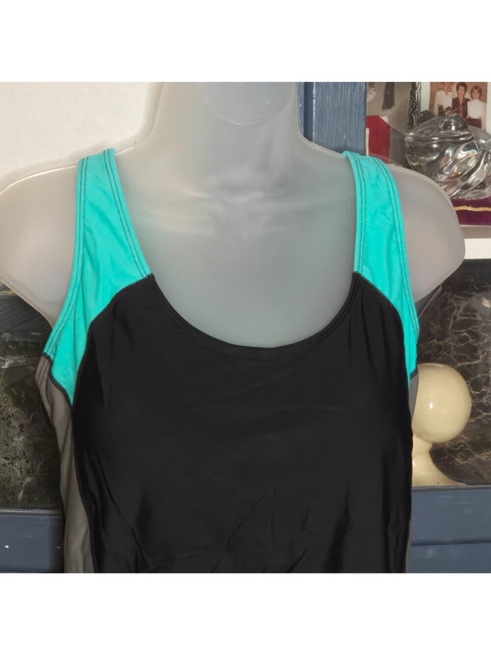 One Piece Racerback Swimwear 18W Colorblock Athletic Tank Built-in Bra Lined - Picture 2 of 8